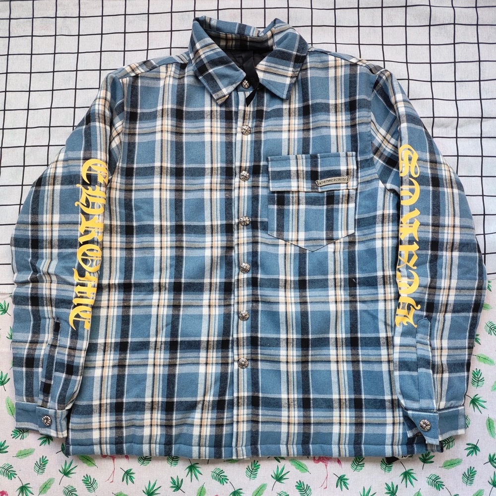 Chrome Hearts Blue Plaid Button-Down with Yellow Sleeve Script